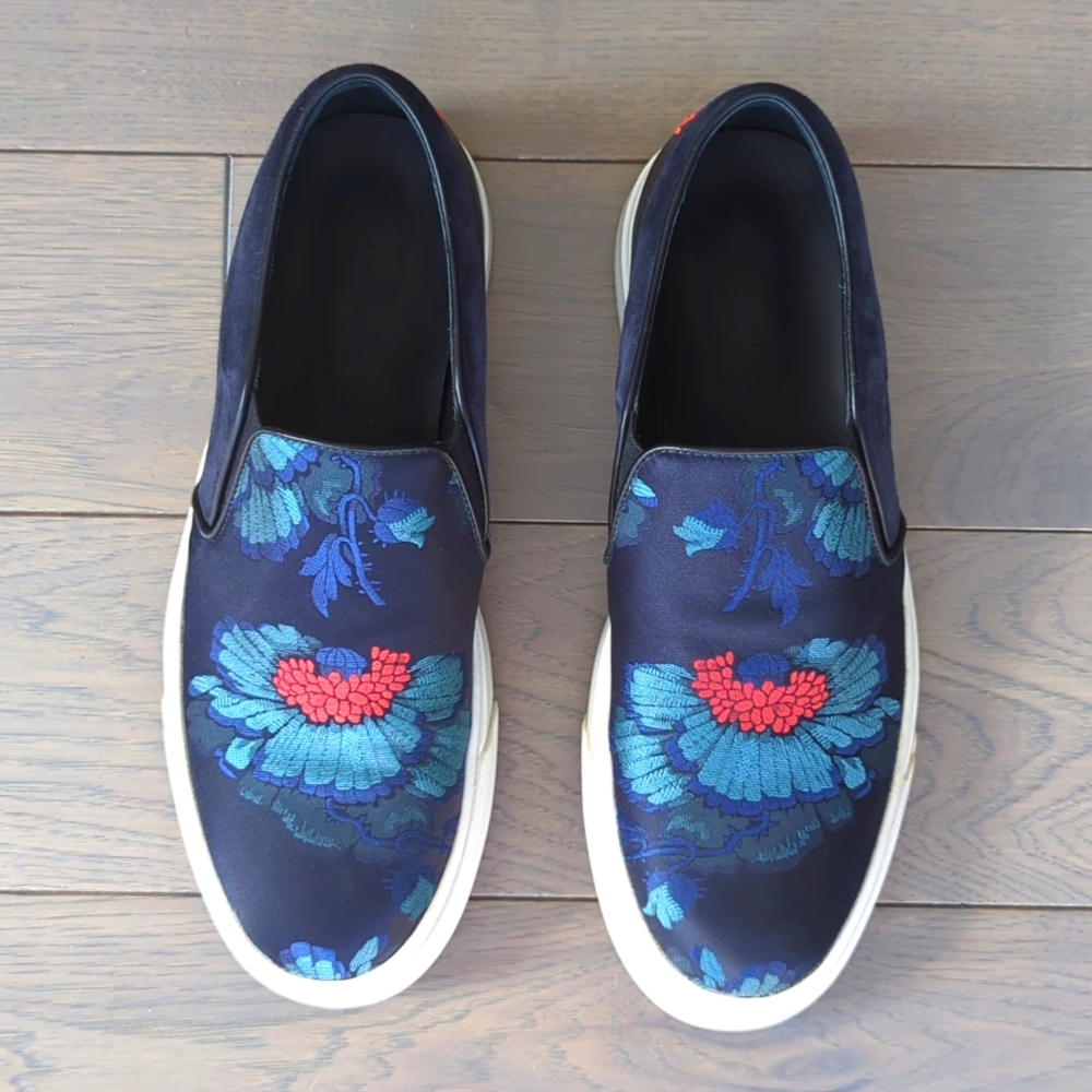 Alexander McQueen Silk and suede Floral Slip-Ons